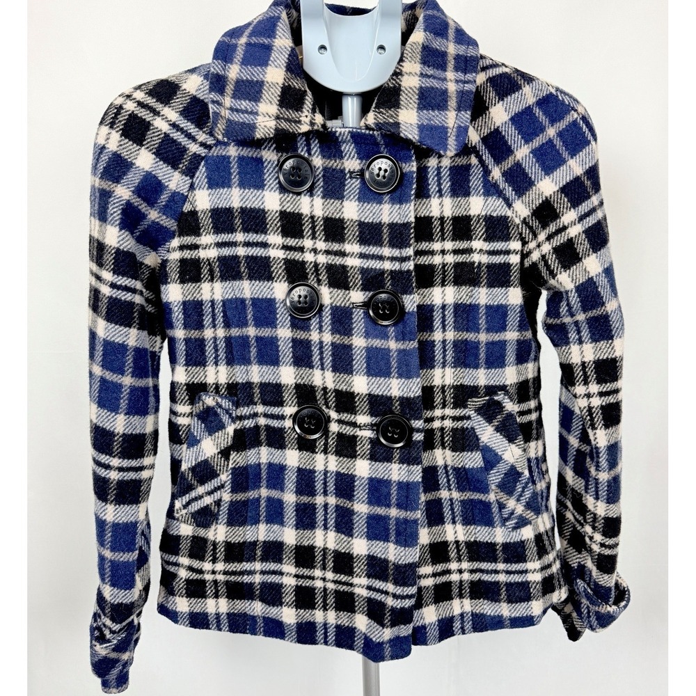 Aeropostale Wool Blend Plaid Pea Coat XS Fits Small Double Breasted Academia